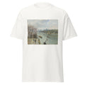 Unisex black t-shirt featuring Camille Pissarro painting "Louvre Rainy Afternoon" printed across the front