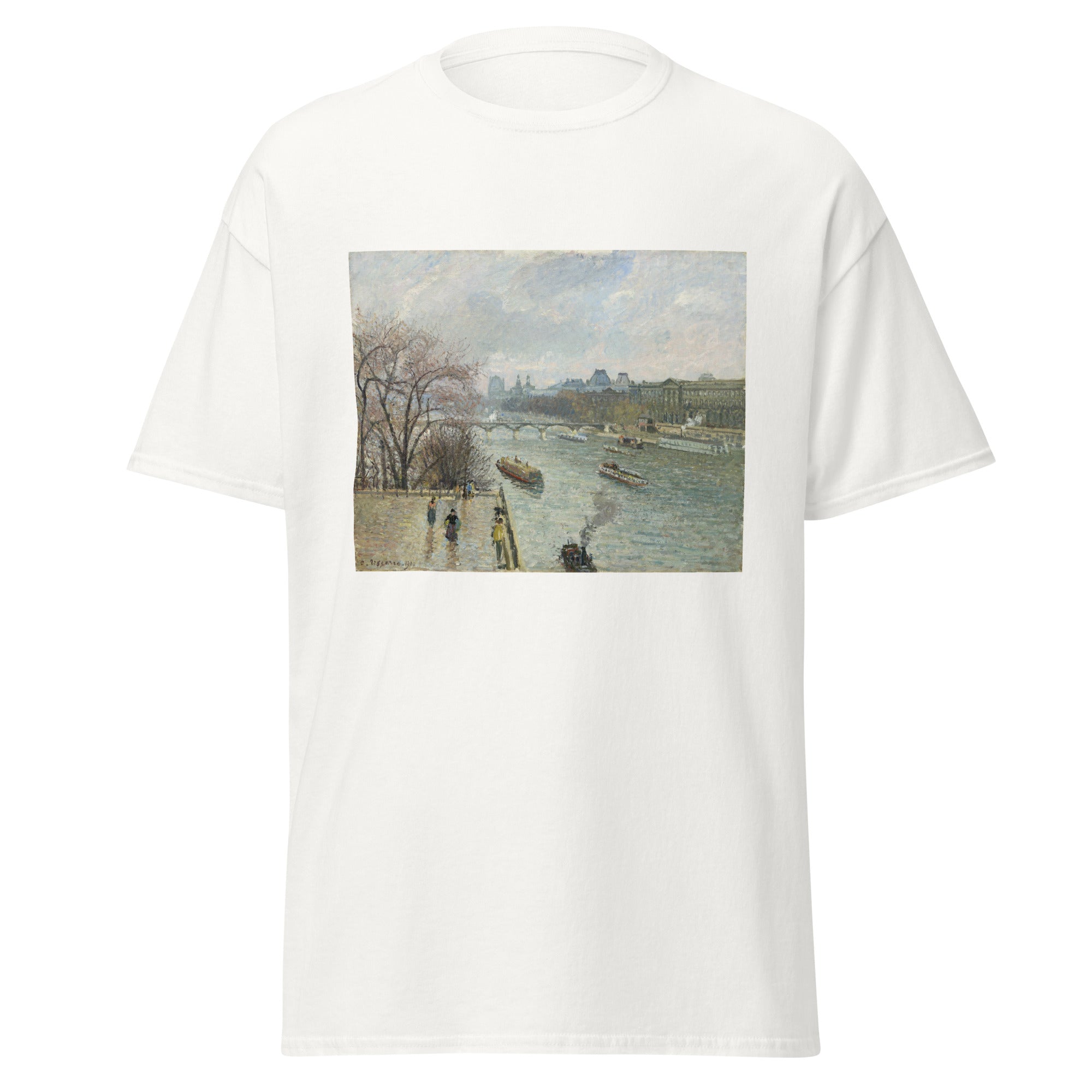 Unisex black t-shirt featuring Camille Pissarro painting "Louvre Rainy Afternoon" printed across the front