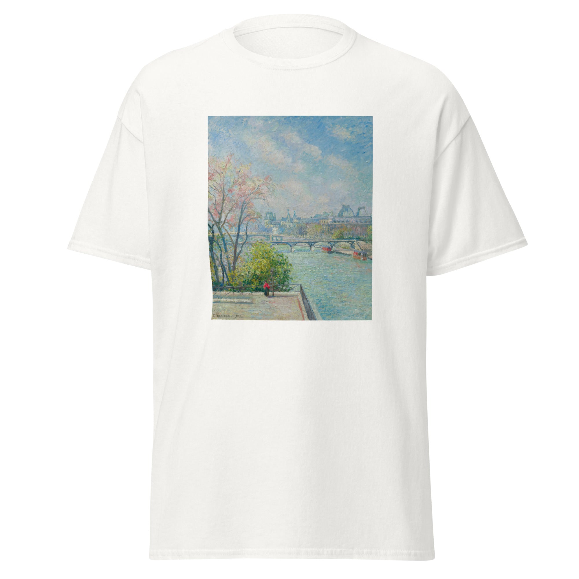 Unisex black t-shirt featuring Camille Pissarro painting "Louvre Spring" printed across the front