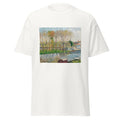 Unisex black t-shirt featuring Camille Pissarro painting "Moret" printed across the front
