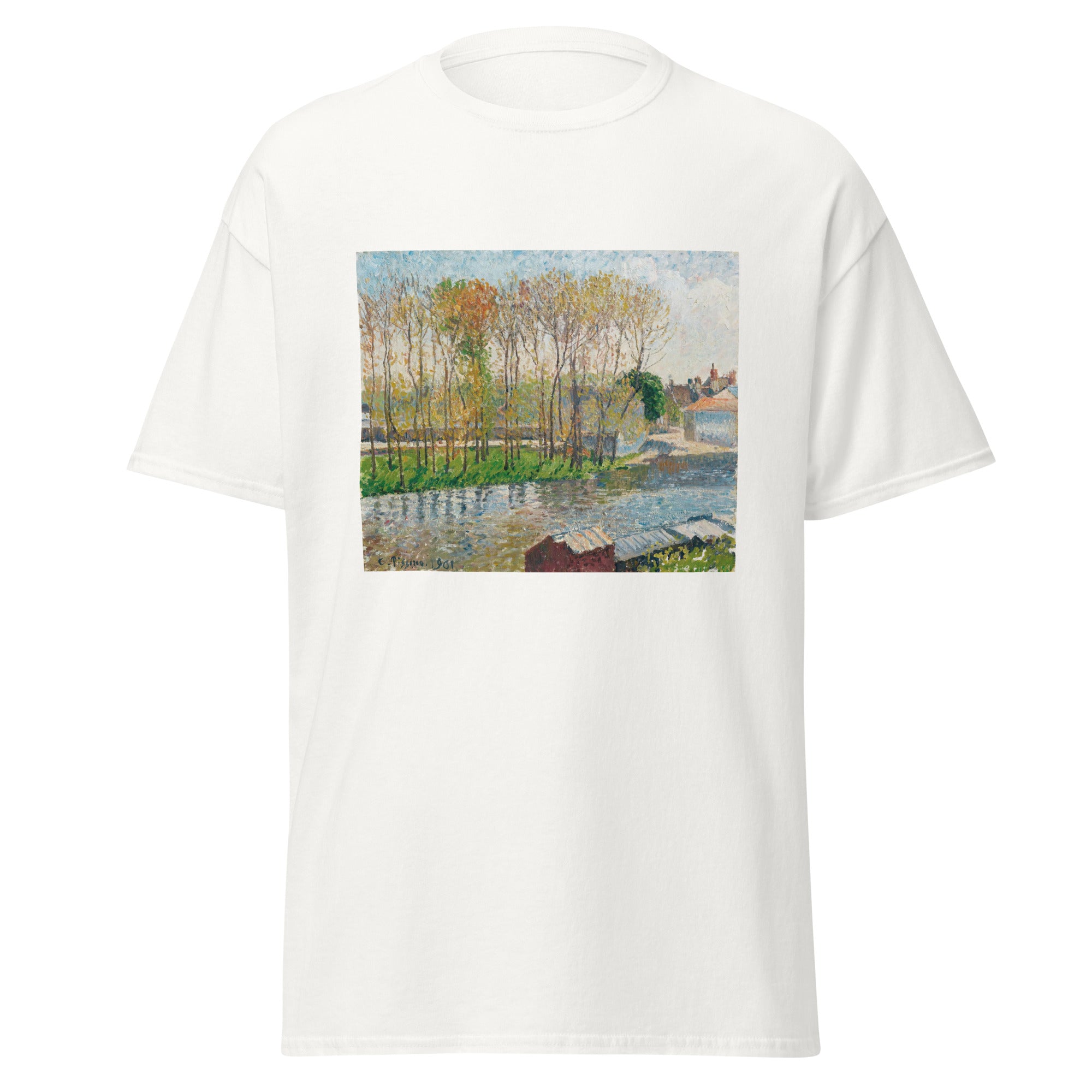 Unisex black t-shirt featuring Camille Pissarro painting "Moret" printed across the front