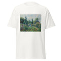 Unisex black t-shirt featuring Camille Pissarro painting "Octave Mirbeau Garden" printed across the front