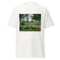 Unisex black t-shirt featuring Camille Pissarro painting "Morning Sunlight" printed across the front