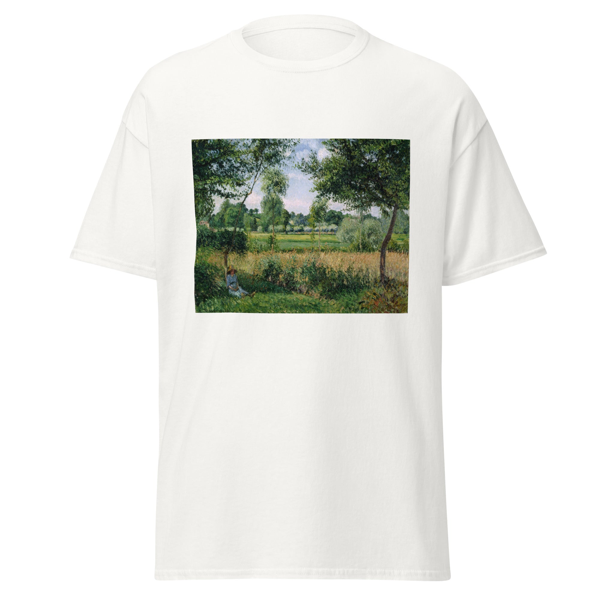 Unisex black t-shirt featuring Camille Pissarro painting "Morning Sunlight" printed across the front