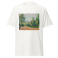 Unisex black t-shirt featuring Camille Pissarro painting "Octave Mirbeau Terrace" printed across the front