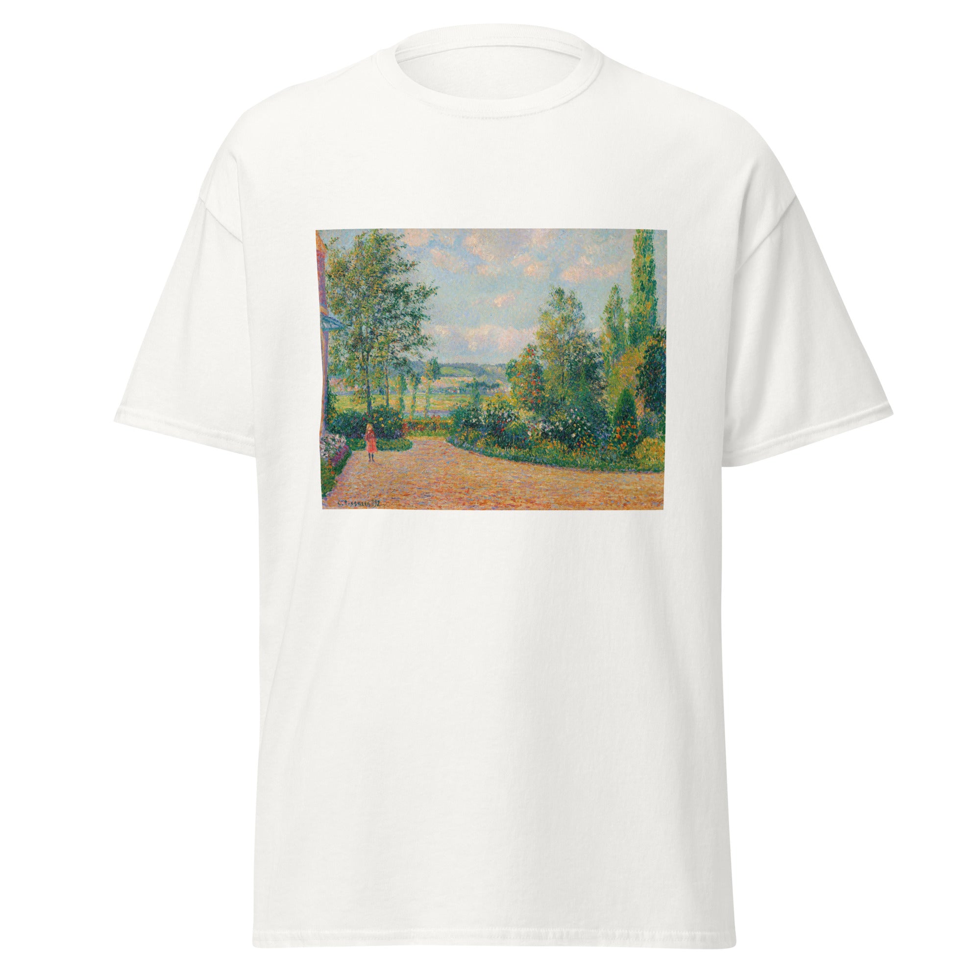 Unisex black t-shirt featuring Camille Pissarro painting "Octave Mirbeau Terrace" printed across the front