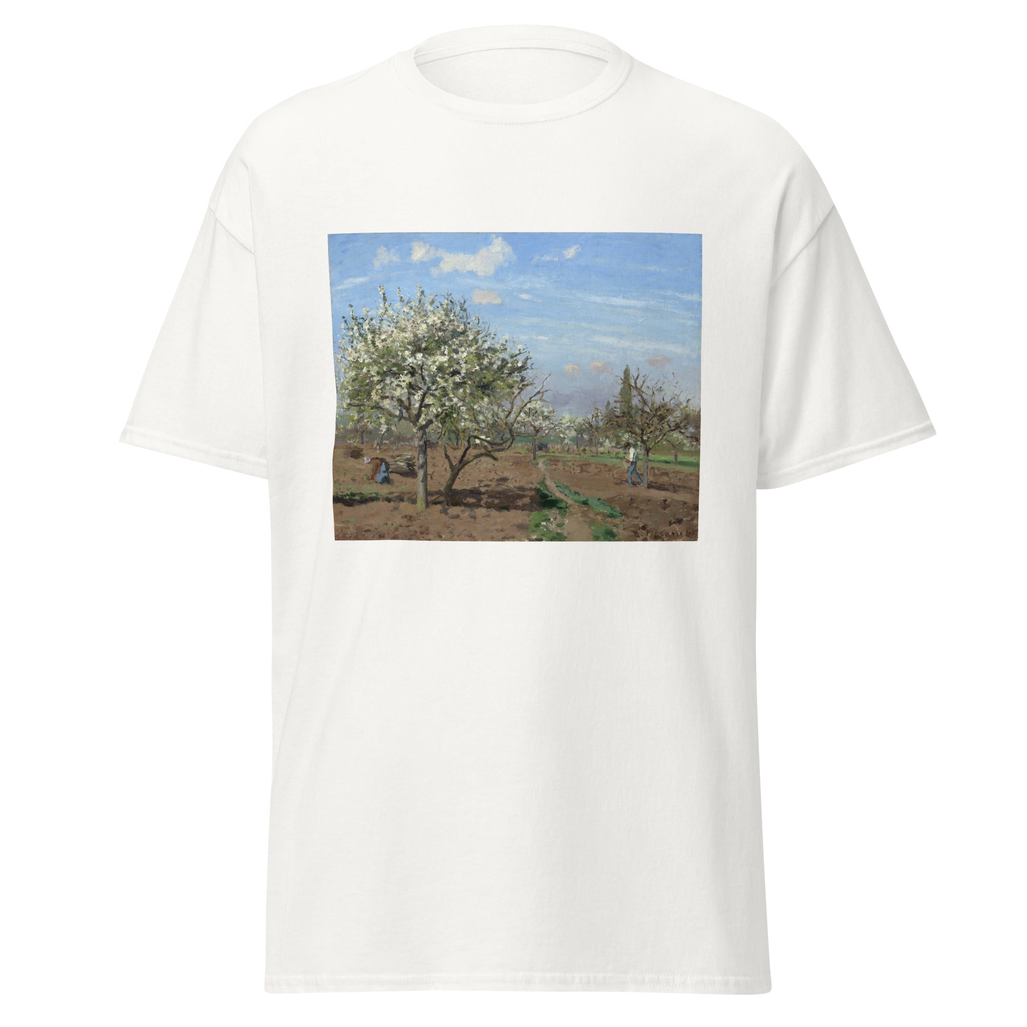 Unisex black t-shirt featuring Camille Pissarro painting "Orchard in Bloom" printed across the front
