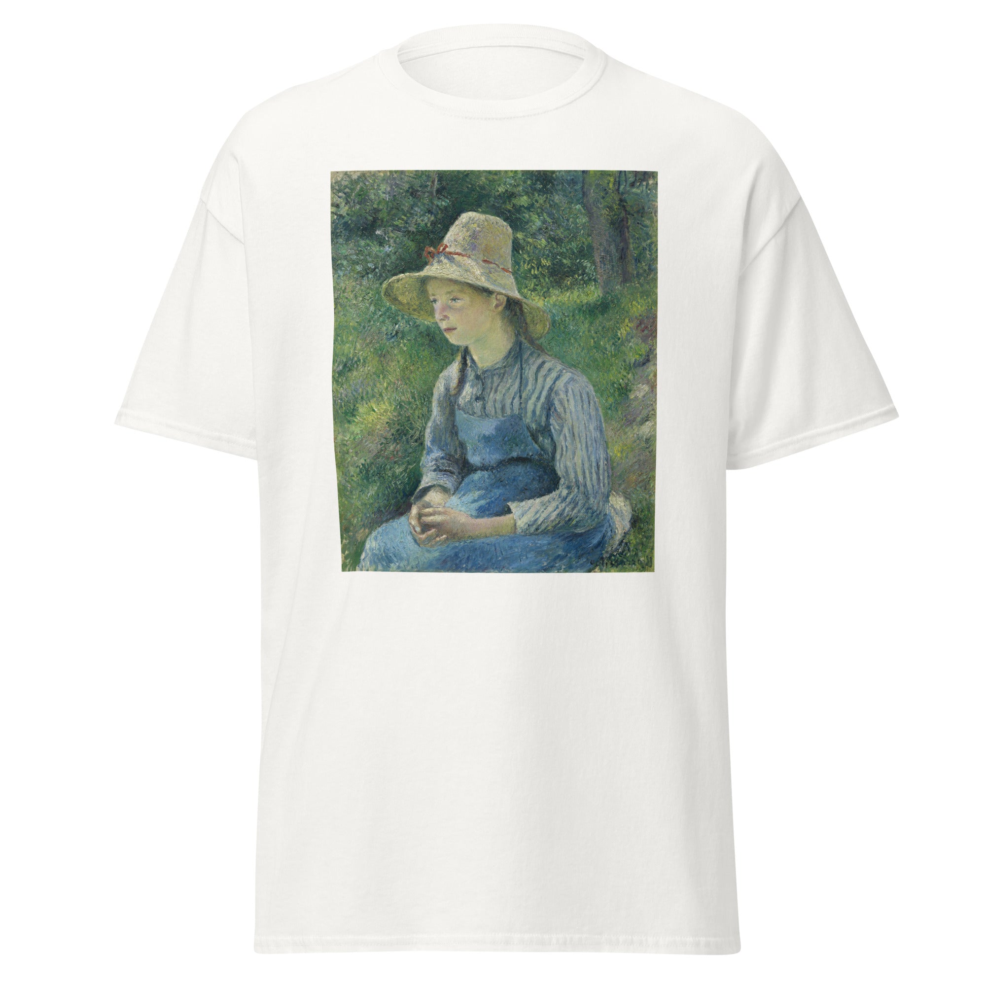 Unisex black t-shirt featuring Camille Pissarro painting "Peasant Girl" printed across the front