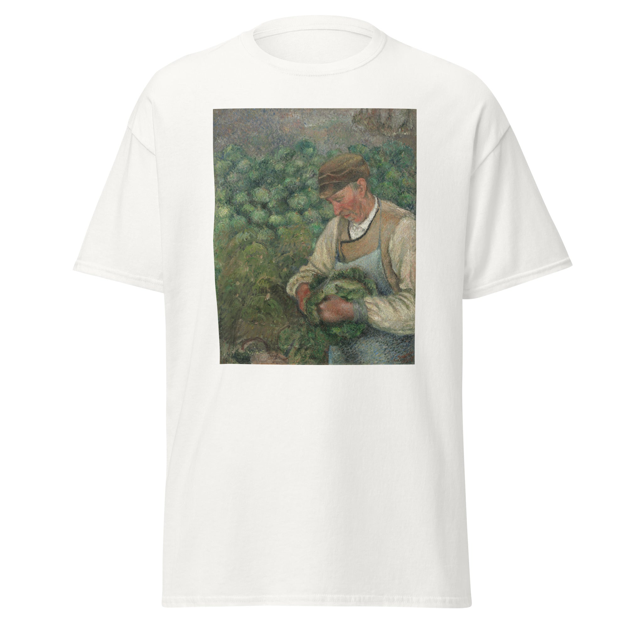 Unisex black t-shirt featuring Camille Pissarro painting "Peasant with Cabbage" printed across the front