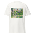 Unisex black t-shirt featuring Camille Pissarro painting "Peasants Houses" printed across the front