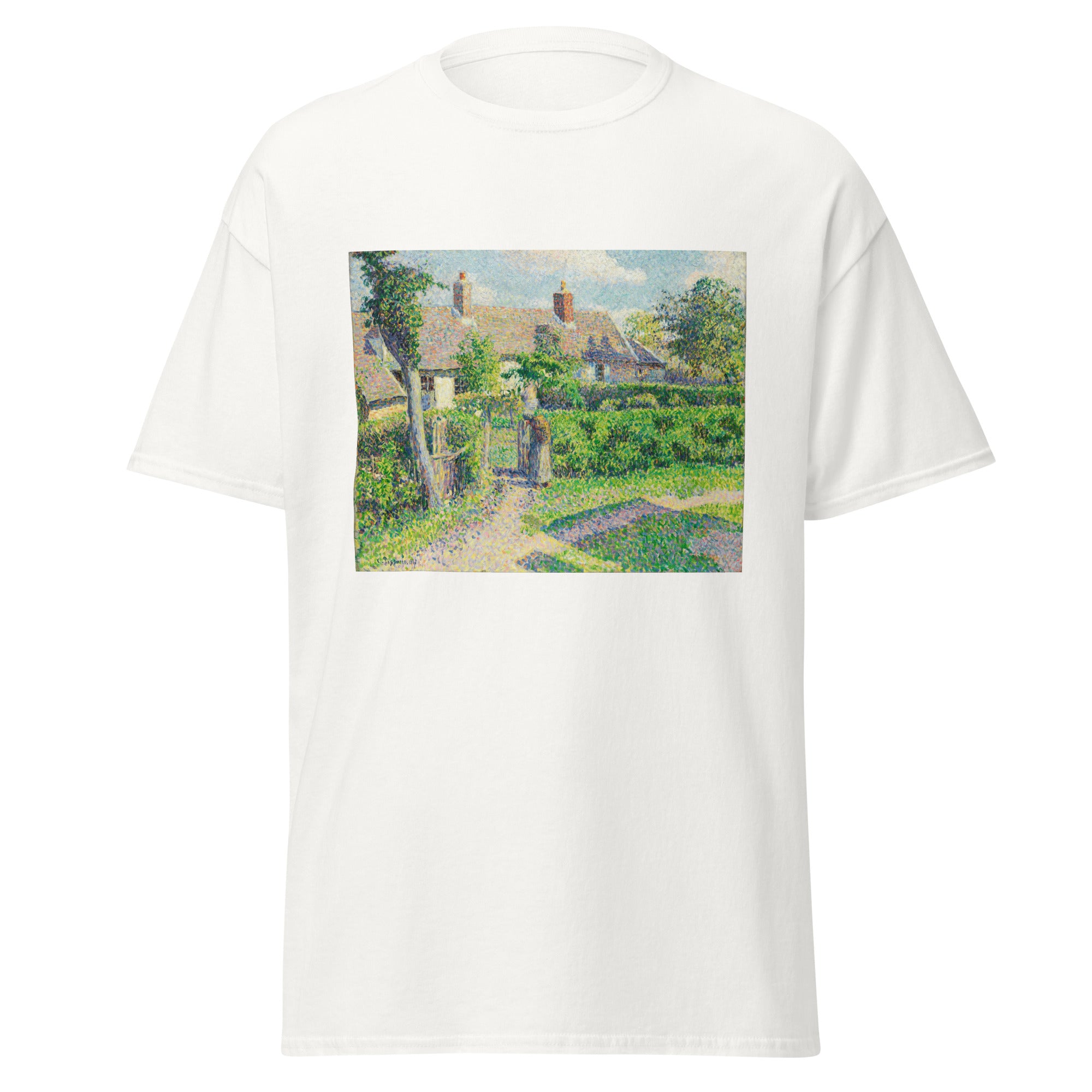 Unisex black t-shirt featuring Camille Pissarro painting "Peasants Houses" printed across the front