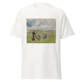 Unisex black t-shirt featuring Camille Pissarro painting "Peasants Picking Herbs" printed across the front