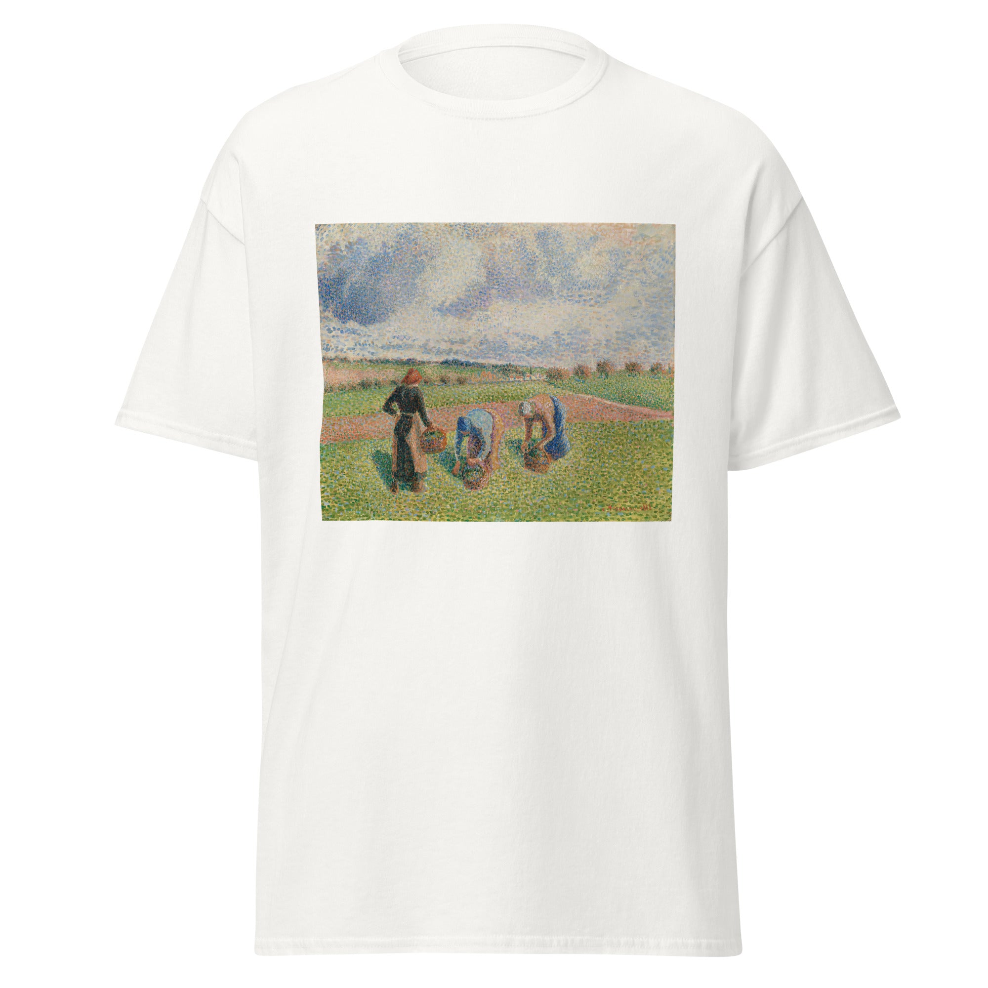 Unisex black t-shirt featuring Camille Pissarro painting "Peasants Picking Herbs" printed across the front
