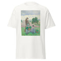 Unisex black t-shirt featuring Camille Pissarro painting "Peasants with Basket" printed across the front