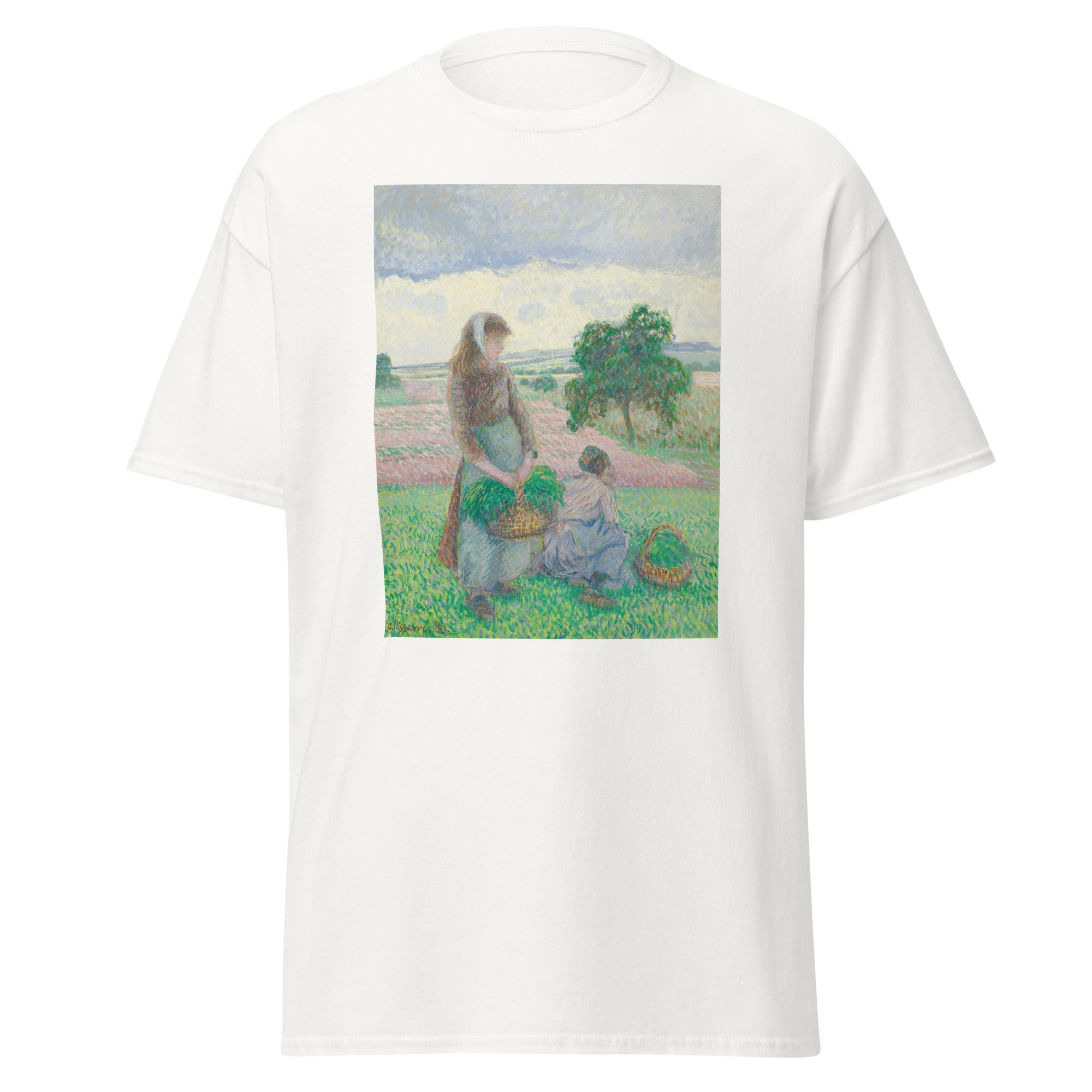 Unisex black t-shirt featuring Camille Pissarro painting "Peasants with Basket" printed across the front