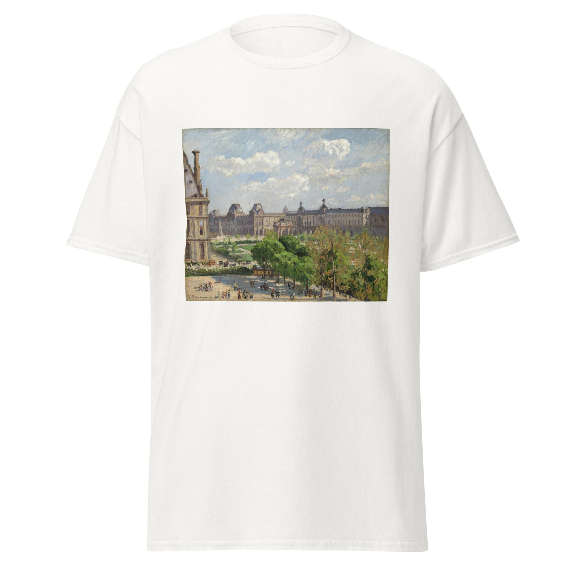 Unisex black t-shirt featuring Camille Pissarro painting "Place Du Carrousel" printed across the front