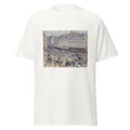 Unisex black t-shirt featuring Camille Pissarro painting "Place Du Havre" printed across the front