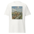 Unisex black t-shirt featuring Camille Pissarro painting "Place Du Theatre" printed across the front