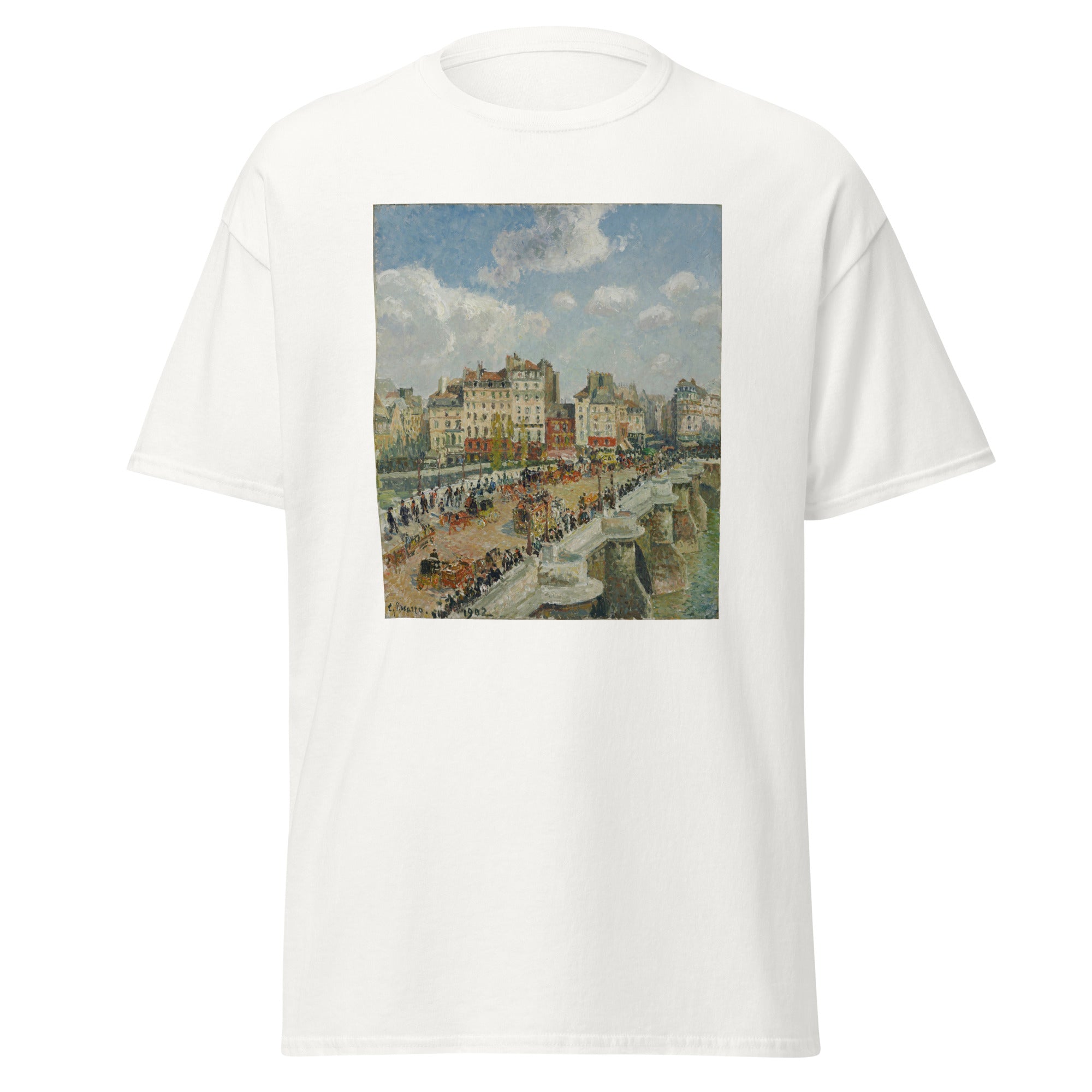 Unisex black t-shirt featuring Camille Pissarro painting "Place Du Theatre" printed across the front