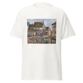 Unisex black t-shirt featuring Camille Pissarro painting "Pond in Ennery" printed across the front