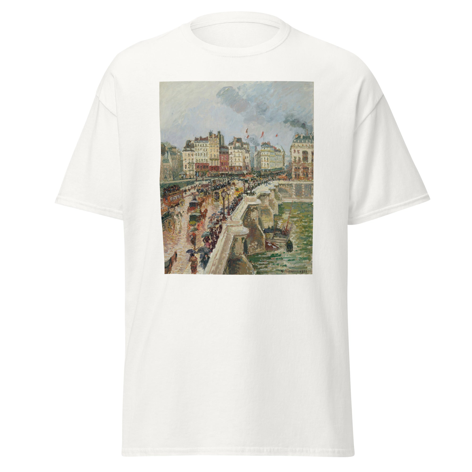 Unisex black t-shirt featuring Camille Pissarro painting "Pont Neuf 1901" printed across the front