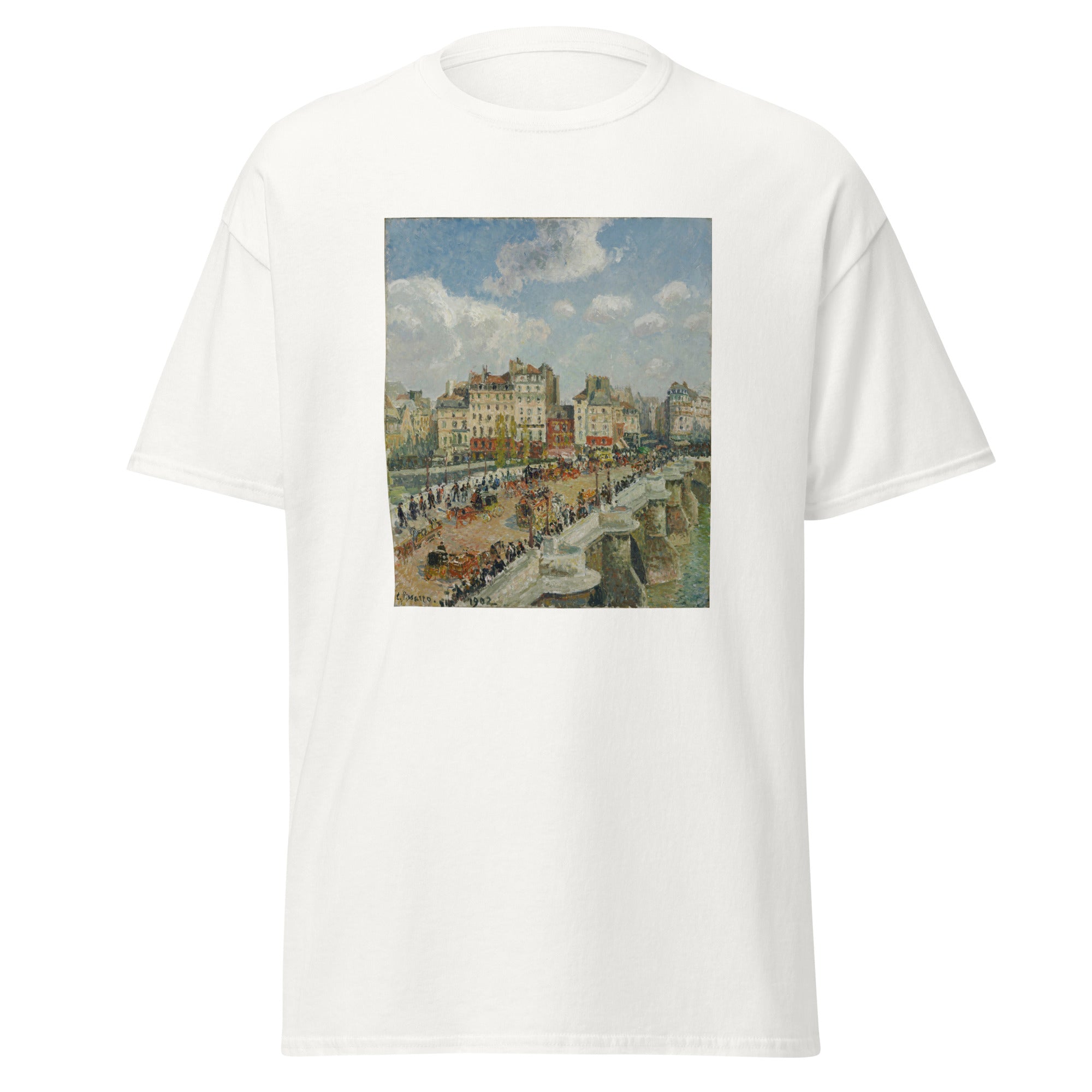 Unisex black t-shirt featuring Camille Pissarro painting "Pont Neuf" printed across the front