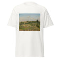 Unisex black t-shirt featuring Camille Pissarro painting "Pontoise Fields" printed across the front