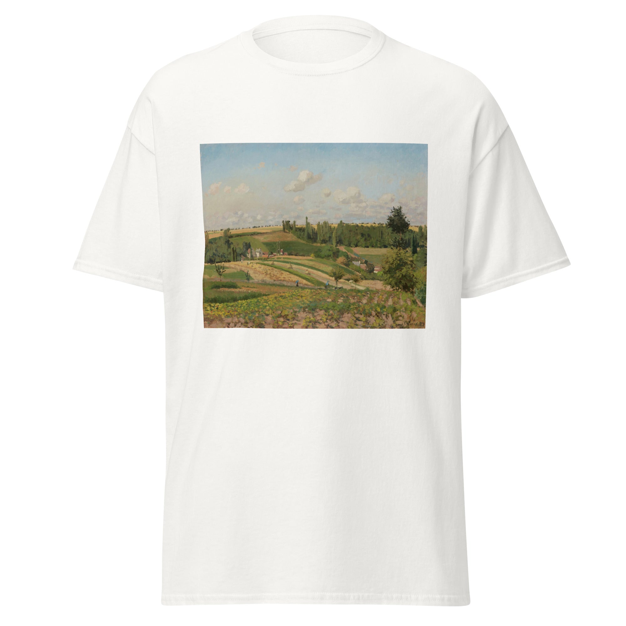 Unisex black t-shirt featuring Camille Pissarro painting "Pontoise Fields" printed across the front