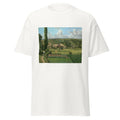 Unisex black t-shirt featuring Camille Pissarro painting "Pontoise Landscape" printed across the front