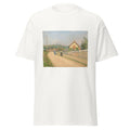 Unisex black t-shirt featuring Camille Pissarro painting "Railway Barrier" printed across the front