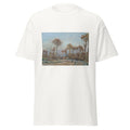 Unisex black t-shirt featuring Camille Pissarro painting "Route to Versailles" printed across the front