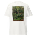 Unisex black t-shirt featuring Camille Pissarro painting "Rose Garden" printed across the front