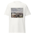 Unisex black t-shirt featuring Camille Pissarro painting "Rouen Bridge" printed across the front