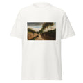 Unisex black t-shirt featuring Camille Pissarro painting "Versailles Road" printed across the front