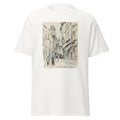 Unisex black t-shirt featuring Camille Pissarro painting "Rue Damiette" printed across the front
