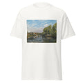 Unisex black t-shirt featuring Camille Pissarro painting "Seine Port Marly" printed across the front