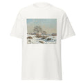 Unisex black t-shirt featuring Camille Pissarro painting "Snowy Landscape" printed across the front