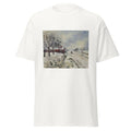 Unisex black t-shirt featuring Camille Pissarro painting "Snowy Road" printed across the front