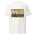 Unisex black t-shirt featuring Camille Pissarro painting "Sunset" printed across the front