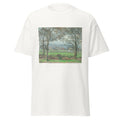 Unisex black t-shirt featuring Camille Pissarro painting "Sydenham Hill" printed across the front