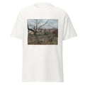 Unisex black t-shirt featuring Camille Pissarro painting "The Fence" printed across the front