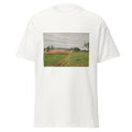 Unisex black t-shirt featuring Camille Pissarro painting "Thierseville" printed across the front