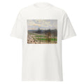 Unisex black t-shirt featuring Camille Pissarro painting "Tuileries Winter" printed across the front