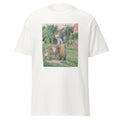 Unisex black t-shirt featuring Camille Pissarro painting "Washerwoman" printed across the front