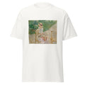 Unisex black t-shirt featuring Berthe Morisot painting "Knitting" printed across the front
