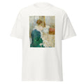 Unisex black t-shirt featuring Berthe Morisot painting "Woman Sewing" printed across the front