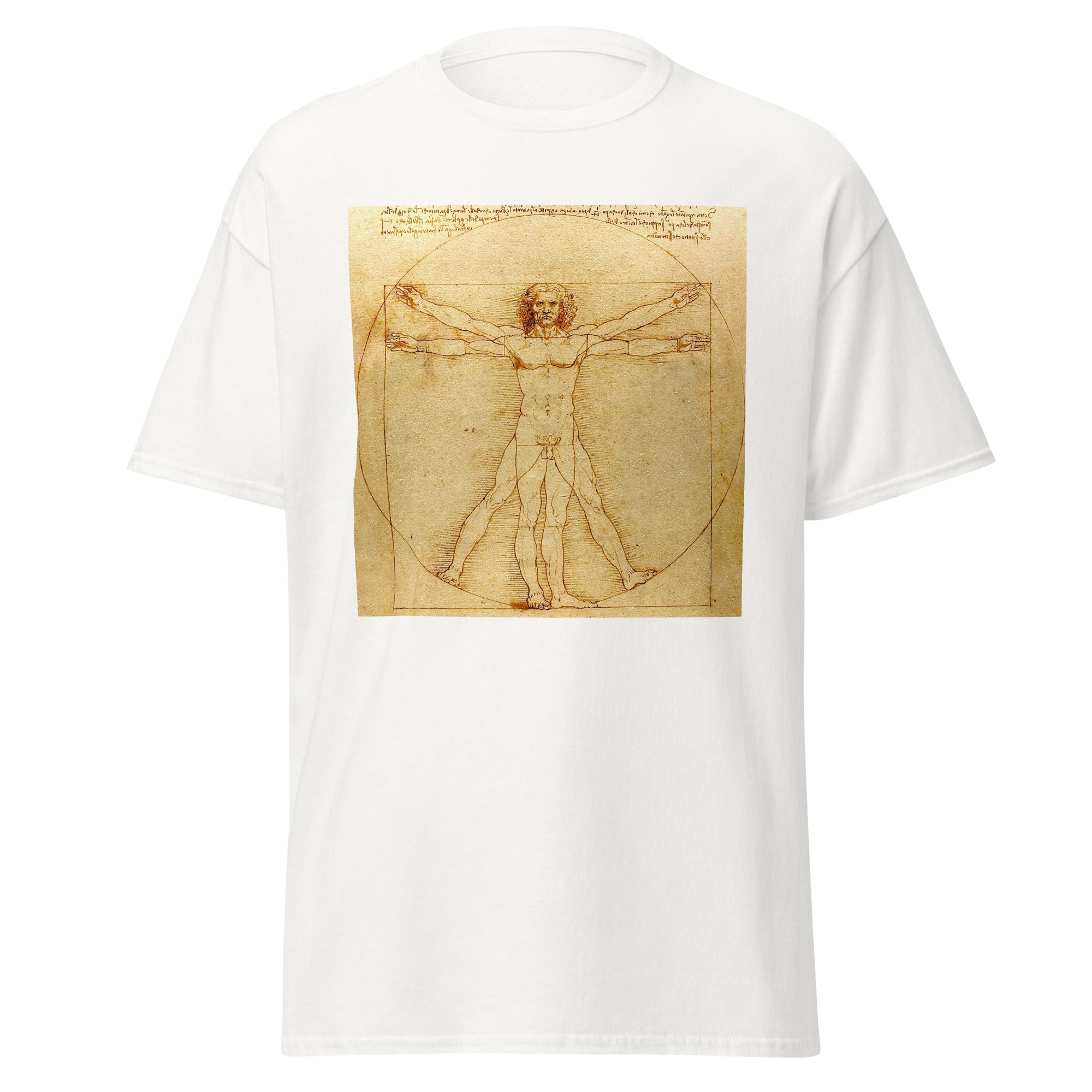 Unisex black t-shirt featuring Leonardo da Vinci painting "Vetruvian Man" printed across the front