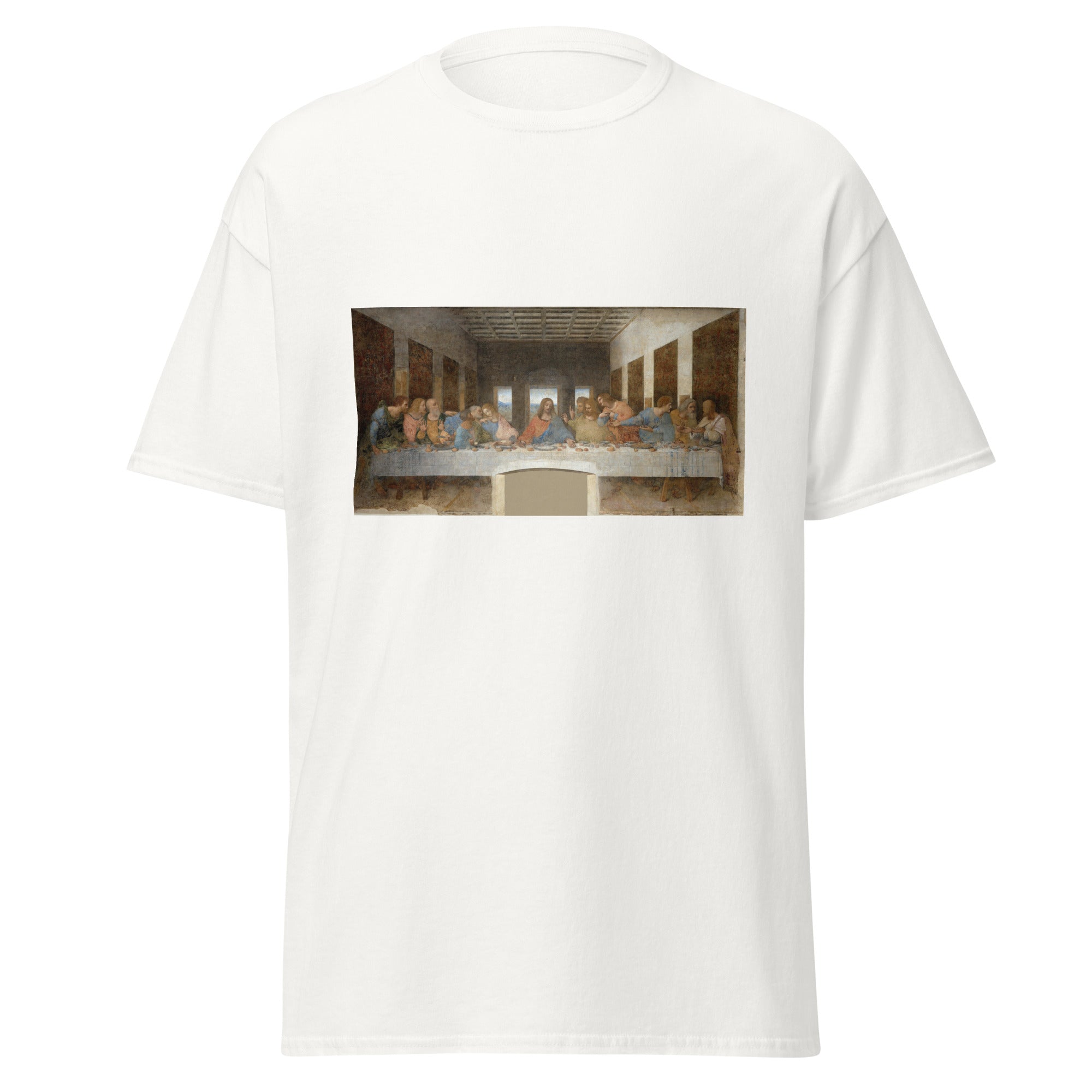 Unisex black t-shirt featuring Leonardo da Vinci painting "The Last Supper" printed across the front