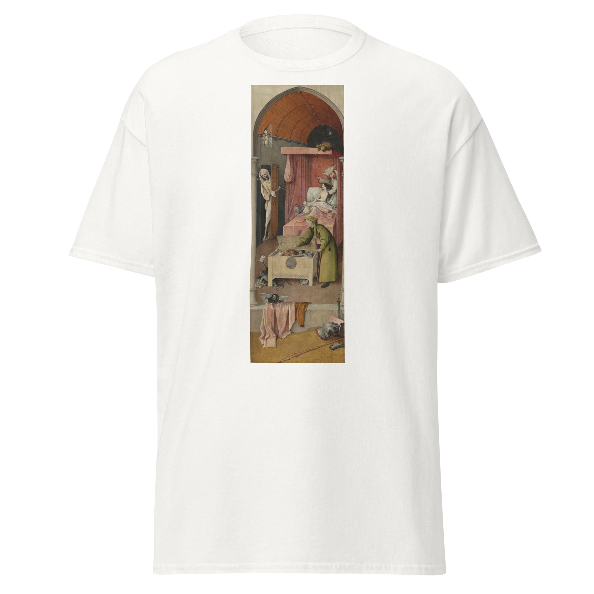 Unisex black t-shirt featuring Hieronymus Bosch painting "Death and the Miser" printed across the front