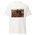 Unisex black t-shirt featuring Hieronymus Bosch painting "Traders Temple" printed across the front